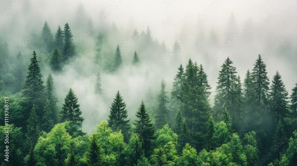 Misty forest canopy, lush green trees, tranquil mountain scene. Misty forest canopy, lush green trees, tranquil mountain scene.