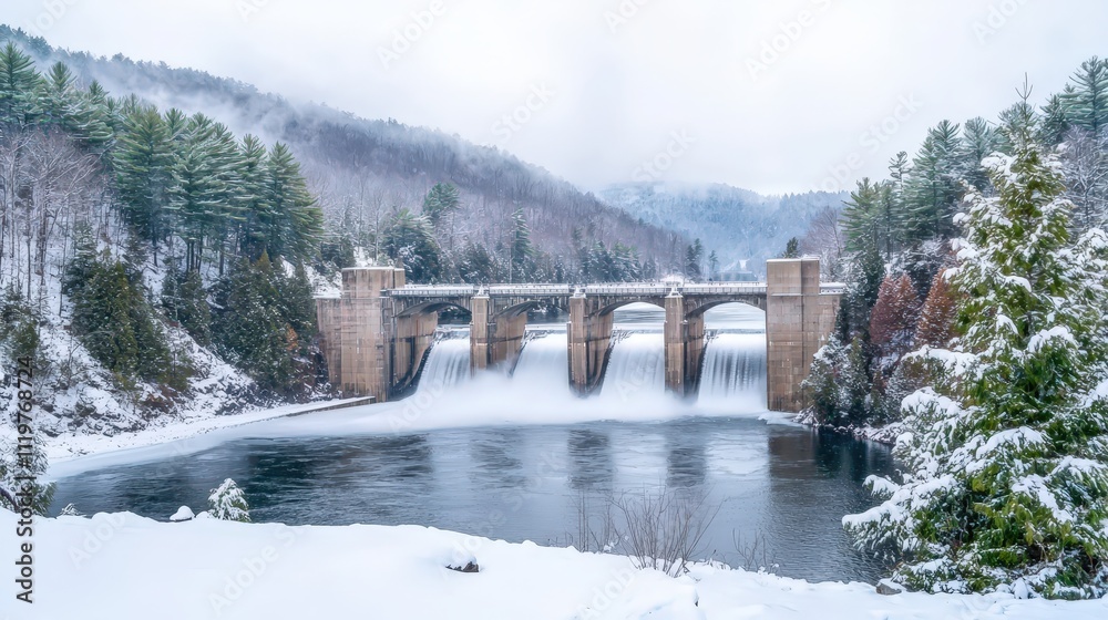 Serene Winter View of a Hydroelectric Dam Surrounded by Snow-Covered Landscape and Soft Light in a Peaceful Mountainous Setting Serene Winter View of a Hydroelectric Dam Surrounded by Snow-Covered Landscape and Soft Light in a Peaceful Mountainous Setting