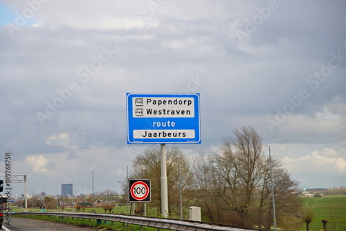 Direction sign  motorway A2 heading Papendorp en Westraven at  coming  Oudenrijn intersection in Utrecht photo