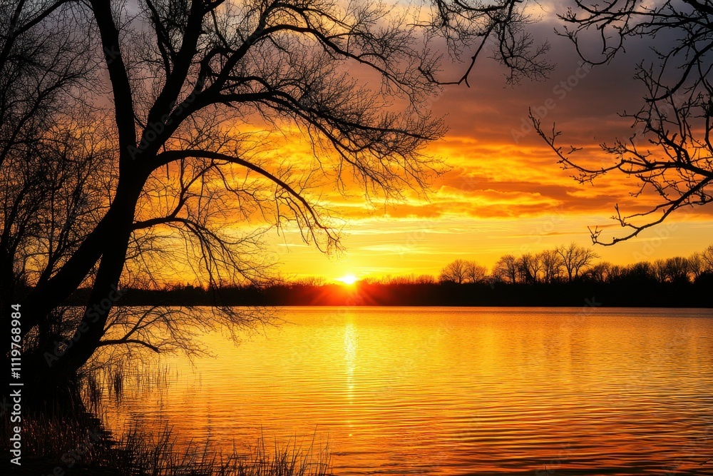 Serene sunset landscape at a tranquil lake captured during golden hour lighting natural environment wide viewpoint emphasizing peaceful atmosphere and reflections Serene sunset landscape at a tranquil lake captured during golden hour lighting natural environment wide viewpoint emphasizing peaceful atmosphere and reflections