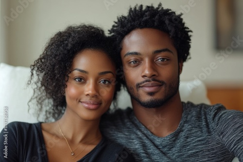 A couple relaxing together on a couch, possibly at home