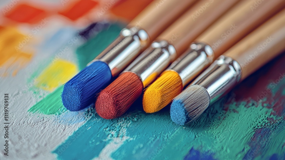 Close-up of colorful paintbrushes on palette Close-up of colorful paintbrushes on palette