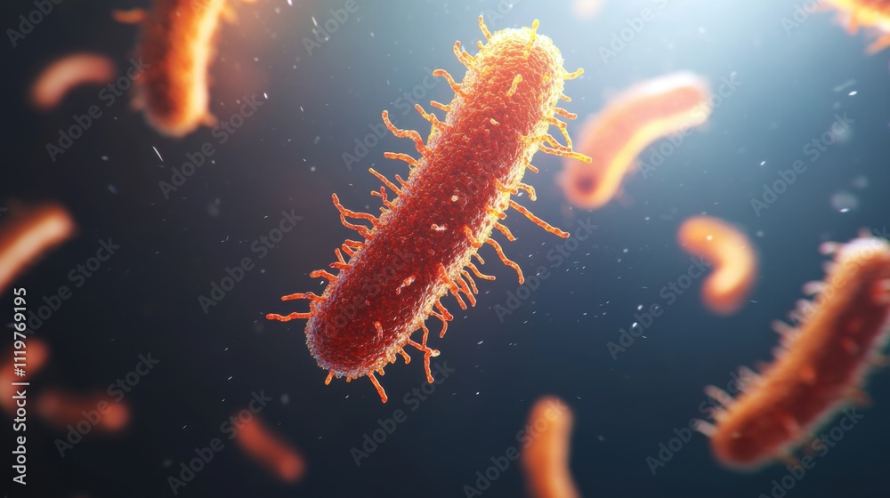 Magnified View of Vibrant Bacteria Cells with Bright Orange and Red Structures in a Dark Background, Showing the Intricate Details of Microorganisms in Motion Magnified View of Vibrant Bacteria Cells with Bright Orange and Red Structures in a Dark Background, Showing the Intricate Details of Microorganisms in Motion