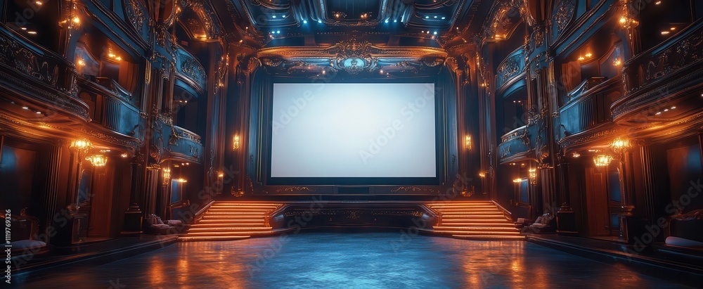 a spacious hall featuring a large blank white screen illuminated from above surrounded by elegant stairways and soft lighting ideal for presentations a spacious hall featuring a large blank white screen illuminated from above surrounded by elegant stairways and soft lighting ideal for presentations