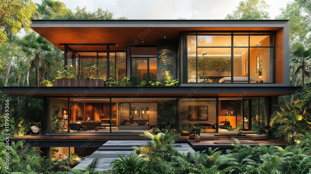 Modern two-story house surrounded by lush greenery and large windows. Modern two-story house surrounded by lush greenery and large windows.