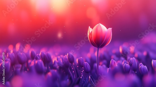 Single pink tulip blooming in a field of purple tulips at sunset.