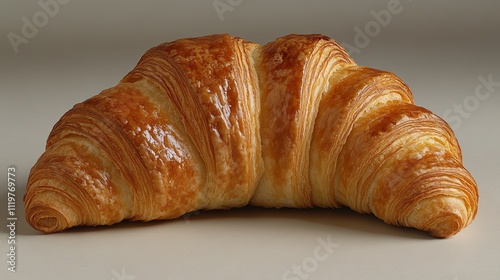 A golden brown croissant, lies on a white surface.