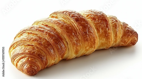 A golden brown croissant, lies on a white surface.