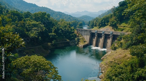 Aerial View of a Hydroelectric Dam Surrounded by Lush Green Forests and Mountains, Captured in High-Resolution Gigapixel Quality, Ideal for Nature and Energy Projects