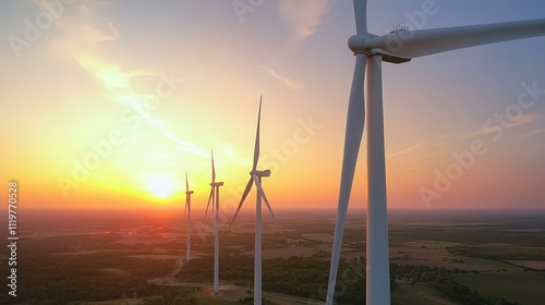 Aerial Perspective of a Large Wind Farm at Sunset Showcasing Turbines in a Scenic Landscape with Dramatic Colors and Soft Clouds photo