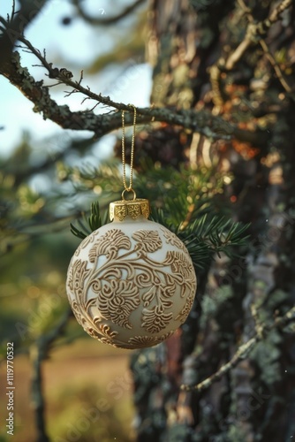 A decorative ornament hangs from a tree branch, featuring white and gold colors photo