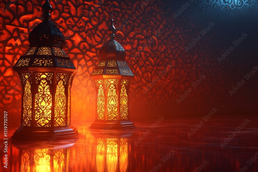 Elegant Decorative Lanterns Casting Warm Light in an Artistic Setting with Intricate Patterns on a Vibrant Background and Reflections on the Floor Elegant Decorative Lanterns Casting Warm Light in an Artistic Setting with Intricate Patterns on a Vibrant Background and Reflections on the Floor