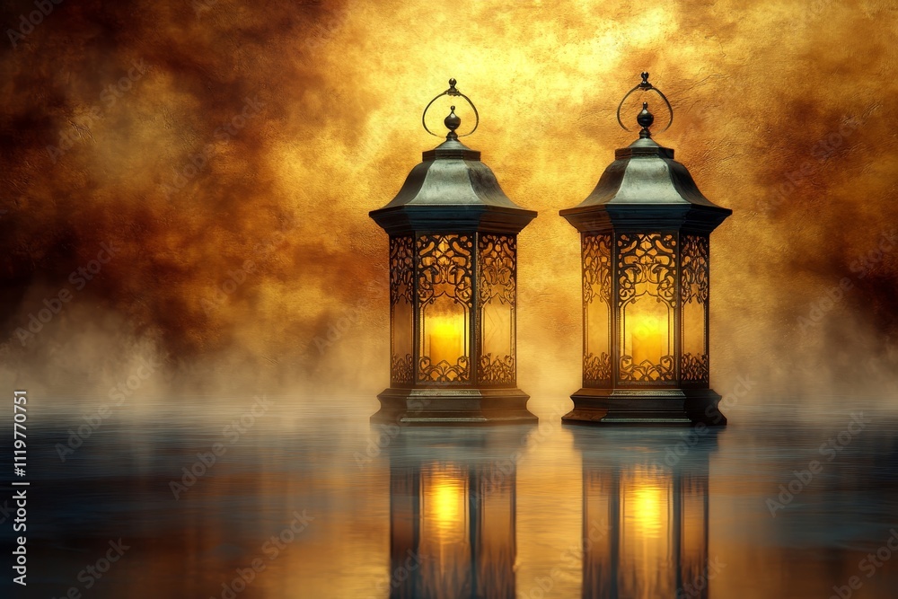 Fototapeta premium Two Elegant Lanterns with Intricate Designs Illuminated by Warm Golden Light on a Misty Background Creating a Magical and Inviting Atmosphere