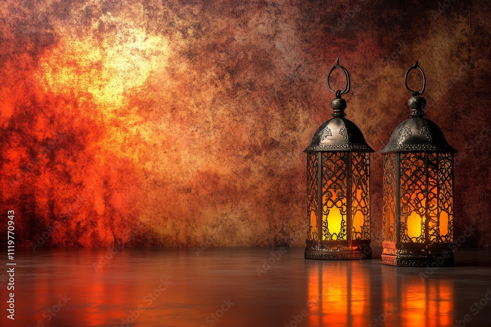 Fototapeta premium Elegant Antique Lanterns on Reflective Surface with Warm Light Against a Fiery Background, Ideal for Holiday Themes, Home Decor, or Ambient Lighting Ideas