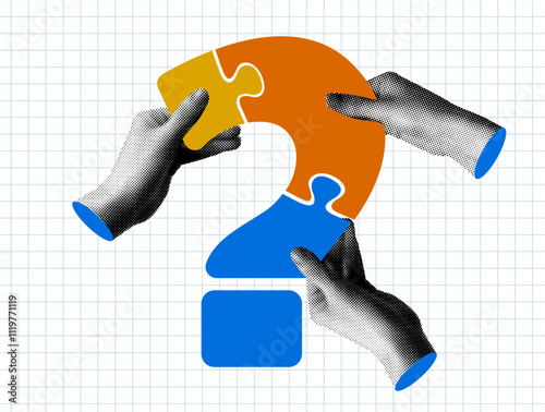 Modern collage with halftone hands holding a question mark shaped puzzle. Team building concept. People holding a pieces of jigsaw. Teamwork. Team communication. Idea generation. FAQ sign