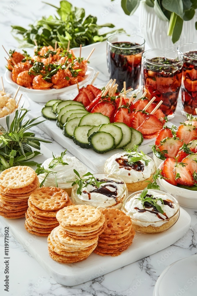 Elegant Marble Countertop Showcasing Stylish Appetizers and Refreshing Drinks at a Vibrant Outdoor Gathering with Fresh Ingredients and Natural Light Elegant Marble Countertop Showcasing Stylish Appetizers and Refreshing Drinks at a Vibrant Outdoor Gathering with Fresh Ingredients and Natural Light