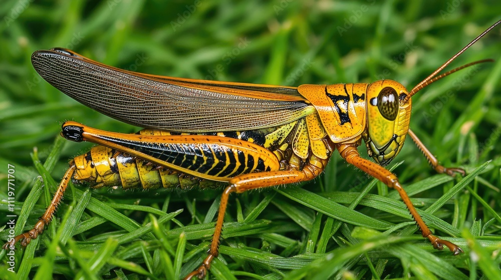 Fototapeta premium A close-up shot of a grasshopper sitting on green grass