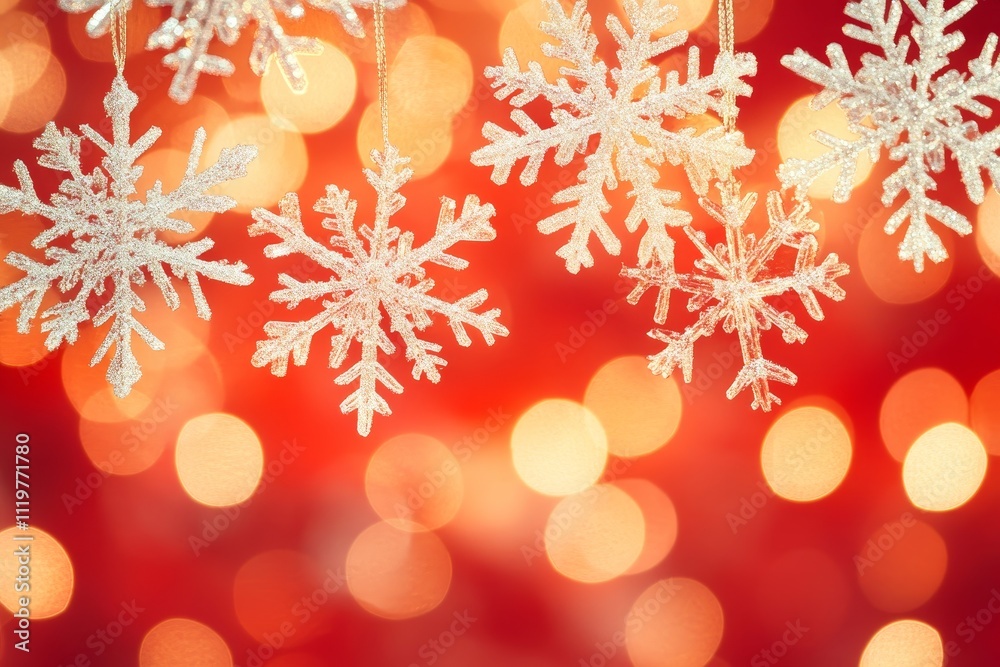 Delicate Snowflakes Hanging Against a Bright Red Background with Soft Glowing Bokeh Lights for Winter Celebrations and Seasonal Decorations Delicate Snowflakes Hanging Against a Bright Red Background with Soft Glowing Bokeh Lights for Winter Celebrations and Seasonal Decorations