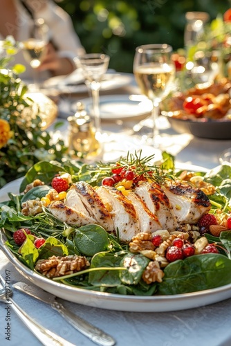 Stunning Outdoor Restaurant Setting Featuring Grilled Chicken Over Fresh Greens with Berries and Nuts, Perfect for Culinary Experiences in Nature's Embrace