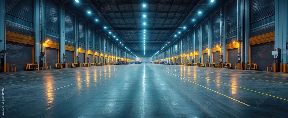 a vast modern warehouse logistics center buzzes with activity illuminated by numerous lights showcasing a hub of efficiency and organization in the shipping and cargo industry a vast modern warehouse logistics center buzzes with activity illuminated by numerous lights showcasing a hub of efficiency and organization in the shipping and cargo industry
