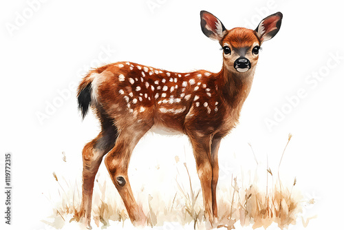 Watercolor masterpiece featuring a baby deer, pastel colors, soft, dreamy atmosphere, Bohemian style, isolated on white