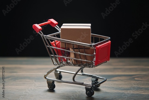 A small shopping cart filled with variously sized boxes on a wooden table photo