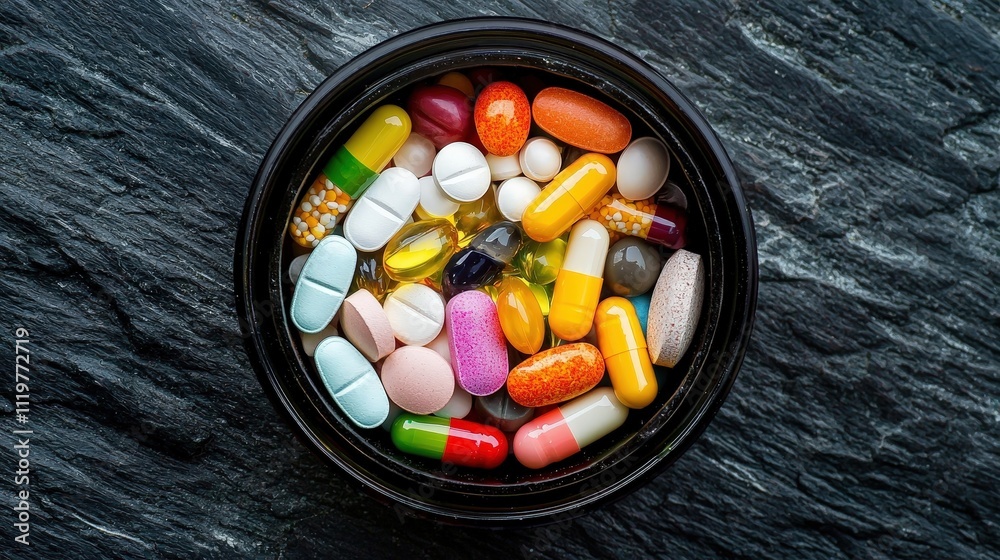 Overhead View of an Opened Container Filled with Various Colorful Pills and Capsules on a Dark Stone Surface Overhead View of an Opened Container Filled with Various Colorful Pills and Capsules on a Dark Stone Surface