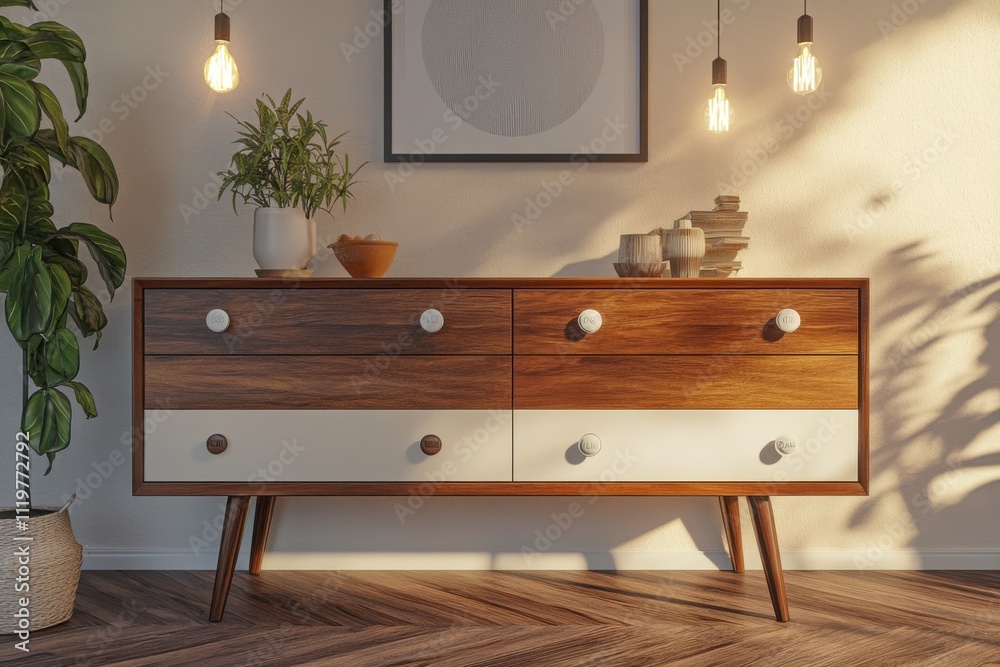 Mid century modern sideboard wooden drawers with white accents