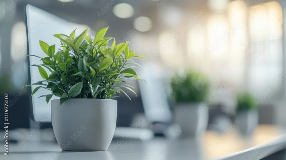 Modern Office Workspace with Natural Light and Plants Modern Office Workspace with Natural Light and Plants