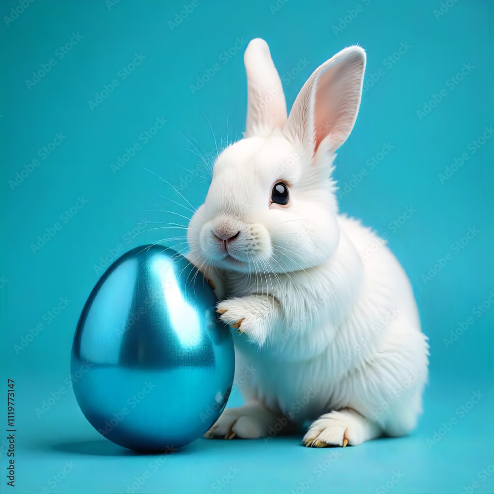 Obraz premium Little white rabbit with blue easter egg on blue background