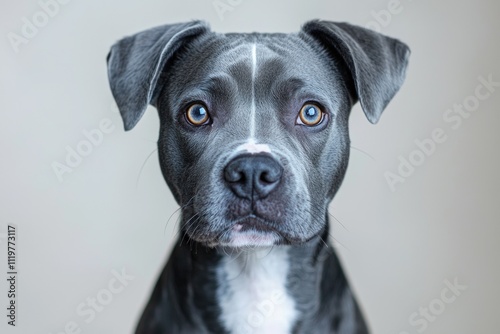 A close-up shot of a black and white dog's face, with a distinctive marking on its nose