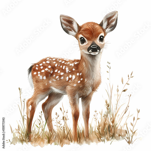 Watercolor masterpiece featuring a baby deer, pastel colors, soft, dreamy atmosphere, Bohemian style, isolated on white