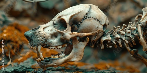A detailed view of a deceased canine's skull and bones