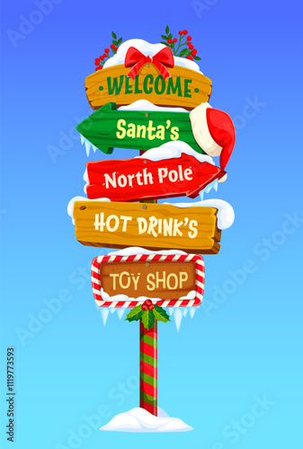 Xmas north pole sign board, Christmas wooden signage featuring holiday destinations to Santa, hot drinks and toy shop. Festive signpost adorned with red bow, icicles, holly berries and snowcaps