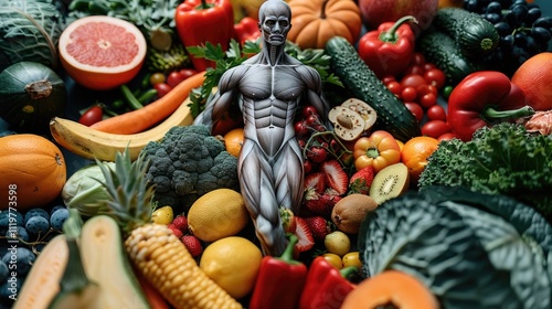 A person surrounded by fresh produce, ideal for health or food related concepts photo