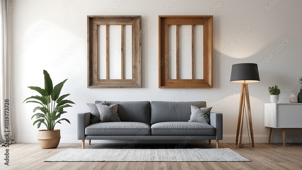 Modern living room with two vertical frame mockup, gray color sofa and interior decoration. interior design Modern living room with two vertical frame mockup, gray color sofa and interior decoration. interior design