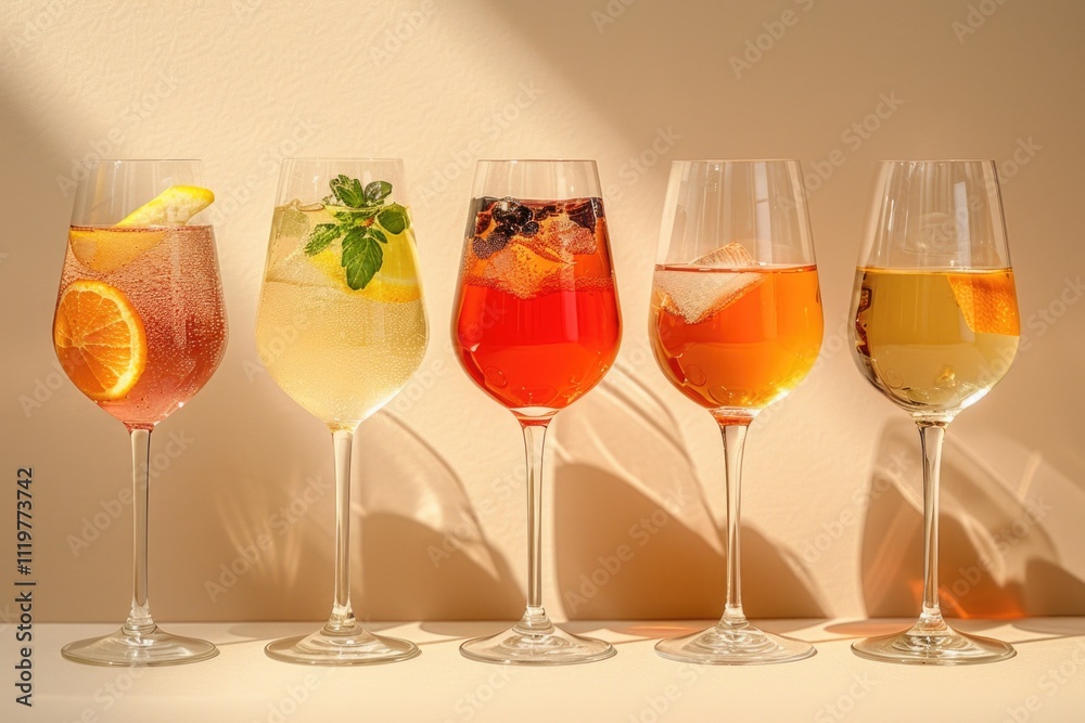 A row of wine glasses filled with various drinks A row of wine glasses filled with various drinks