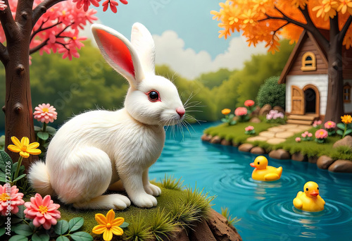 Cute rabbit in nature. Picture from threads and wool