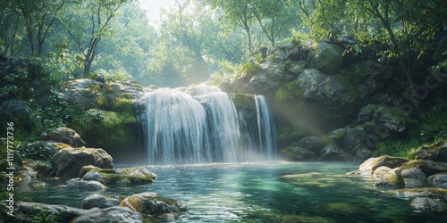 Serene Waterfall in Lush Forest Nature Photography