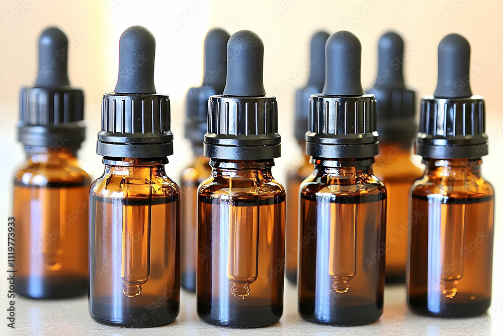 Eight amber glass bottles with black droppers filled with essential oil. Eight amber glass bottles with black droppers filled with essential oil.