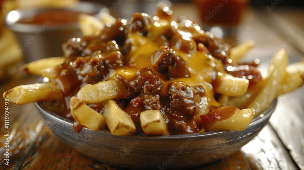 A warm bowl of chili cheese fries on a table, perfect for a cozy snack or meal A warm bowl of chili cheese fries on a table, perfect for a cozy snack or meal
