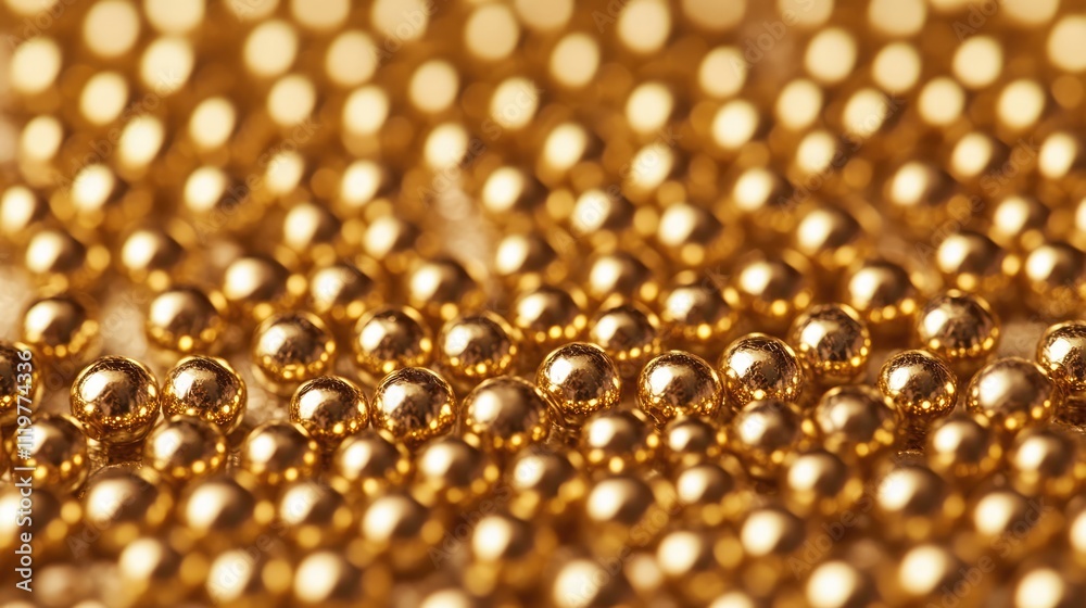 Abstract close-up of a textured surface featuring a multitude of golden beads reflecting light in a luxurious composition Abstract close-up of a textured surface featuring a multitude of golden beads reflecting light in a luxurious composition