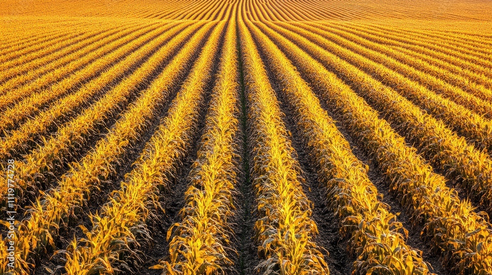 Fototapeta premium Aerial Perspective of Golden Crop Fields with Neatly Arranged Rows and Textured Patterns in Agricultural Landscape