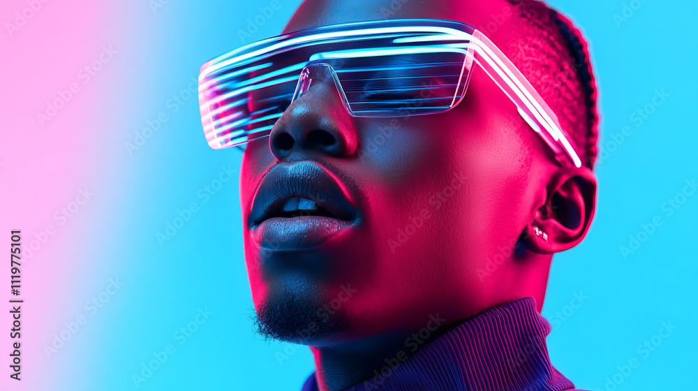 A stylish individual wearing futuristic sunglasses poses against vibrant blue and pink background, showcasing bold and modern aesthetic. striking colors and unique eyewear create an energetic and capt A stylish individual wearing futuristic sunglasses poses against vibrant blue and pink background, showcasing bold and modern aesthetic. striking colors and unique eyewear create an energetic and capt