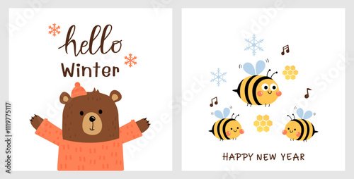 Christmas or New year cards with 
 bear wearing winter clothes and hat, bees are dancing and hand written fonts isolated on white backgrounds vector.
