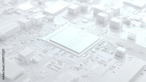 A white square in the center of a circuit board with some wires and chips around it, 3D rendering style, simple background, futuristic technology feel.