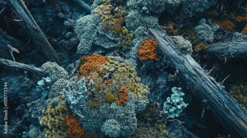 Abstract aerial view of colorful moss and lichen on old tree snags in a serene northern forest landscape