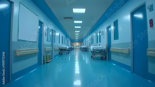 Empty hospital corridor with beds and doors.