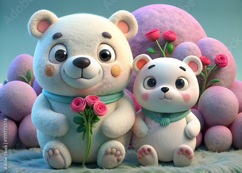 Adorable Polar Bear Duo with Roses. A Symbol of Friendship and Love