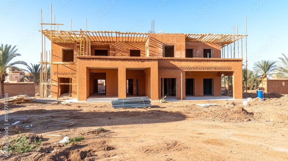 Unfinished two-story house under construction in a desert environment. Unfinished two-story house under construction in a desert environment.
